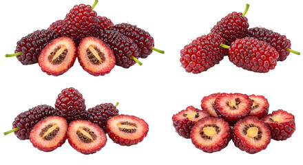 Fresh ripe red bayberries whole and sliced with vibrant color and texture, healthy fruit close-up for cooking and nutrition