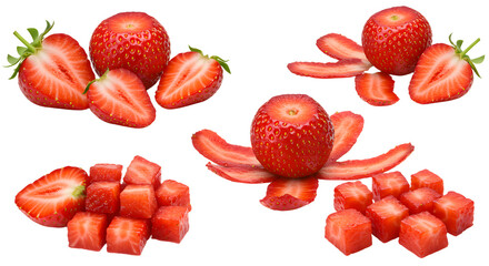 Fresh ripe strawberries whole, sliced, and diced isolated on white background, healthy fruit snack and ingredient, perfect for summer recipes