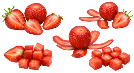 Fresh ripe strawberries whole, sliced, and diced isolated on white background, healthy fruit snack and ingredient, perfect for summer recipes