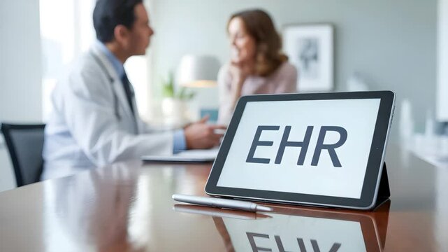 Tablet with the acronym EHR on the table while a doctor talks to a patient. Electronic record and continuity of care as a concept.