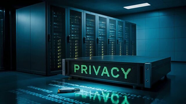Front unit with the word &ldquo;privacy&rdquo; shines in nighttime data center. Data protection and minimization of collection as a concept.