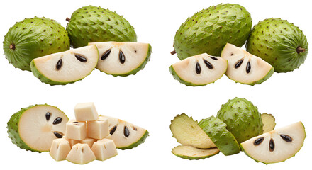 Fresh soursop fruit and slices with seeds on white background, tropical exotic fruit perfect for healthy recipes