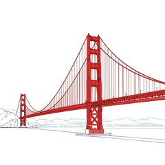 Fototapeta premium Golden Gate Bridge illustration depicts famous landmark in red and blue lines. Golden Gate Bridge sketch includes water with mountainous landscape.