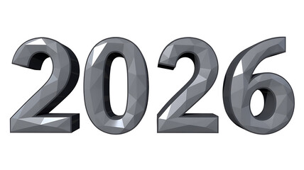 Metallic, faceted numerals display the year twenty twenty-six against a white background.