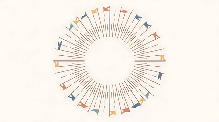Obraz premium Abstract sunburst design with small, colorful flags radiating outwards in a circle.
