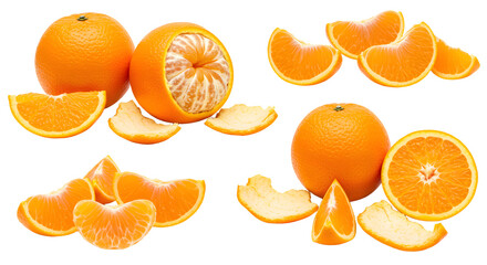 Fresh whole and peeled mandarin oranges with segments isolated on white background, perfect for healthy snacks and fruit recipes