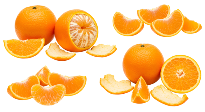 Fresh whole and peeled mandarin oranges with segments isolated on white background, perfect for healthy snacks and fruit recipes