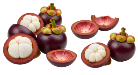 Fresh mangosteen fruit with purple rind and white juicy segments, isolated on white background, perfect for tropical fruit presentations