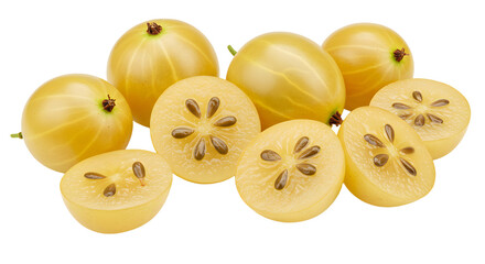 Fresh whole and sliced yellow gooseberries isolated on white background, healthy summer fruit perfect for cooking and baking