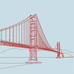 Obraz premium Red outline bridge drawing on light blue depicts city communications systems. Line art city bridge sketch highlights structural supports, with simplified horizon and minimal detail.