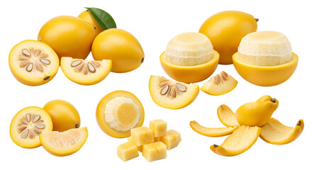 Fresh yellow lemongrass fruits sliced and peeled, isolated on white background, healthy tropical citrus perfect for cooking and natural remedies