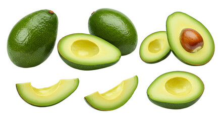 Ripe fresh avocados whole and sliced on white background for healthy cooking and nutritious meals