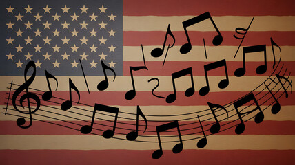 Musical notes flow across the American flag, symbolizing patriotic music and national feeling.