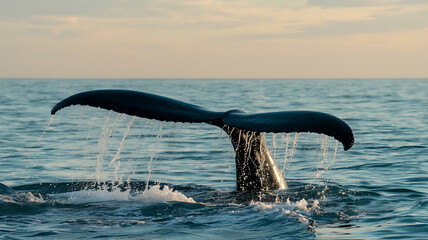 Obraz premium Majestic whale tail arches above ocean waves during sunset, symbolizing marine life.