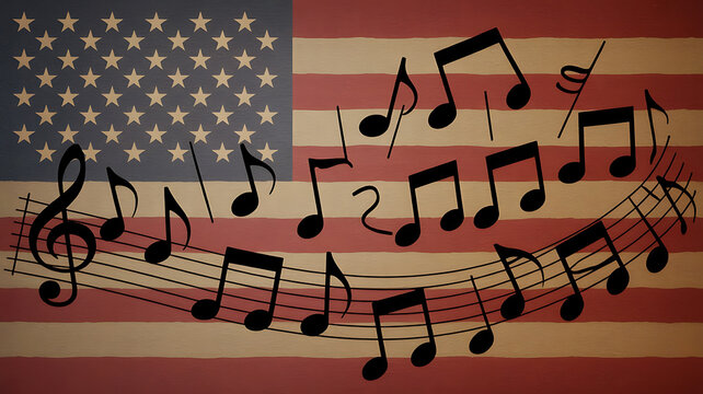 Musical notes flow across the American flag, symbolizing patriotic music and national feeling.