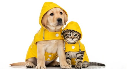 Cute golden retriever puppy and tabby kitten wearing matching yellow raincoats
