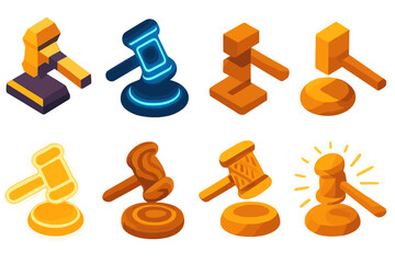 Modern Gavel Icons. Creative gavels isometric set. geometric gavel, neon gavel, abstract gavel, minimalist gavel, glowing gavel, artistic swirl gavel, patterned gavel, radiant aura