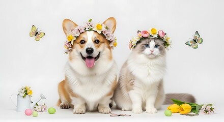 Cute corgi dog and fluffy cat wearing flower wreaths with butterflies