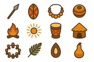 Tribal Icon Collection. Tribal dance isometric set. spear, shield, necklace, bead, fire, sunburst, drum, hut, circle of people, palm leaf, seed, gourd.