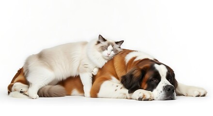 Adorable fluffy white cat resting on a large saint bernard dog