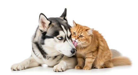 Adorable siberian husky dog and fluffy orange cat cuddling together on white background
