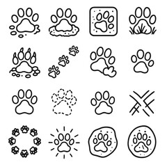 Nature's Paw Print Trails. Nature trails outline set. muddy paw print, sandy paw print, snow paw print, grassy paw print, rocky paw print, trail of prints, overlapping prints
