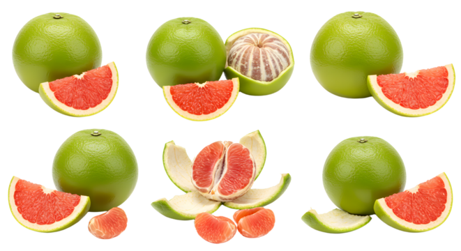 Green-skinned ripe pomelo and peeled segments with red interior isolated on white background, fresh tropical citrus fruit perfect for healthy eating and cooking