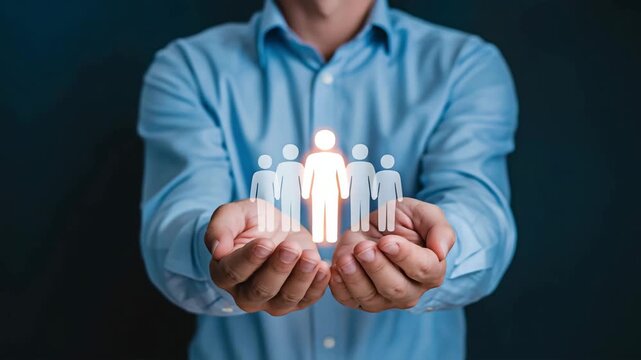 Hands present a glowing person icon in front of a team silhouette. Talent attraction and employee value proposition concept.