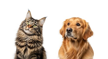 Curious maine coon cat and golden retriever dog looking up together