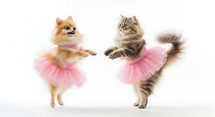 Adorable pomeranian dog and fluffy cat dancing together in pink tutus