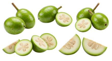Fresh green bael fruits and slices showing seeds and segments isolated on white background, nutritious tropical fruit perfect for health and wellness content