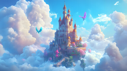 A majestic castle rises above the clouds, its spires reaching towards the heavens, a fantastical realm where dreams take flight and magic reigns supreme