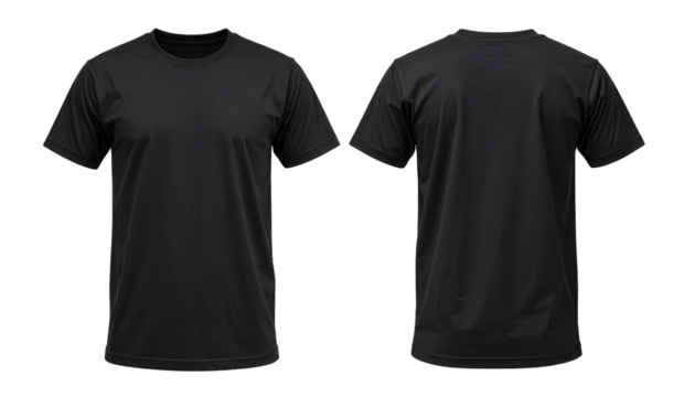 Black blank t shirt template from two sides isolated on white and transparent, background Remove png