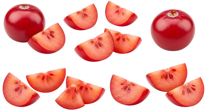 Fresh cherry tomatoes whole and sliced isolated on white background, healthy vegetable for cooking and salads