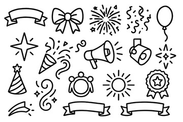Fototapeta premium Festive Celebration Icons. Promotion items outline set. ribbon banner, festive bow, fireworks, confetti, streamer, glowing star, festive horn, megaphone, spotlight, balloon, party