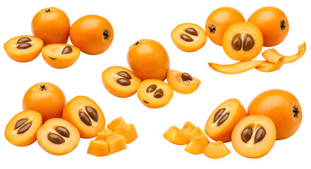 Fototapeta premium Fresh loquat fruit with seeds and peeled segments isolated on white background, healthy tropical fruit perfect for food and nutrition content