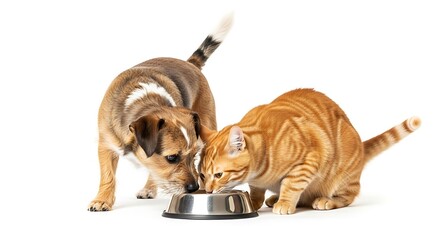 Friendly dog and cat sharing food from a single metal bowl together