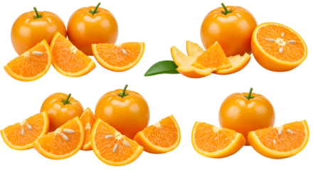 Fresh juicy tangerines with green leaves and orange slices isolated on white background, perfect for healthy food or vitamin C concept