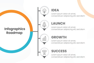 Modern business roadmap infographic for project planning and milestones. Timeline layout with step-by-step process chart for strategy presentation and workflow visualization. Vector illustration