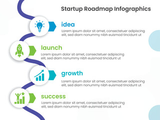 Modern business roadmap infographic for project planning and milestones. Timeline layout with step-by-step process chart for strategy presentation and workflow visualization. Vector illustration