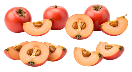 Fresh medlar fruit whole and sliced isolated on white background, healthy tropical fruit perfect for nutrition and cooking