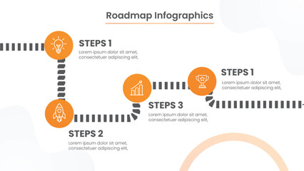 Modern business roadmap infographic for project planning and milestones. Timeline layout with step-by-step process chart for strategy presentation and workflow visualization. Vector illustration
