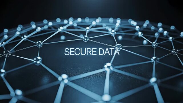 Global mesh of nodes glows under the text secure data. Trusted network and zero trust architecture concept.