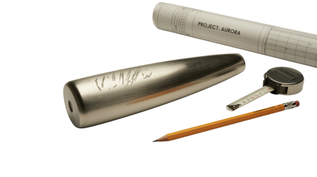 Close up of metal plumb bob pencil and measuring tape on black background