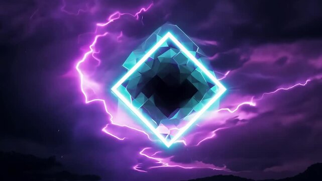 The rhombus is made of fragmented neon pieces, while stormy night sky. swirling vortex dark clouds glows hints of purple and electric blue. energy motion empty center for text or logo