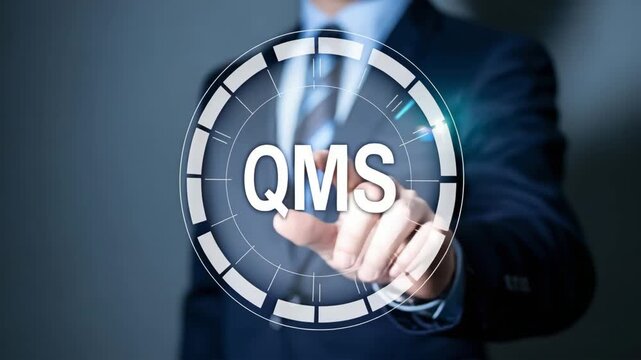 Business leader activates a circular HUD labeled QMS. Continuous improvement and quality management system concept.