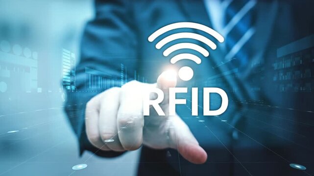 Professional finger selects the word RFID on a modern screen. Contactless identification and real-time tracking concept.