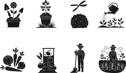 Gardening tools, farmer silhouette, vegetable harvest, watering plants, pruning shears, garden bed, potted plants, agriculture icons, farming activity, black vector set