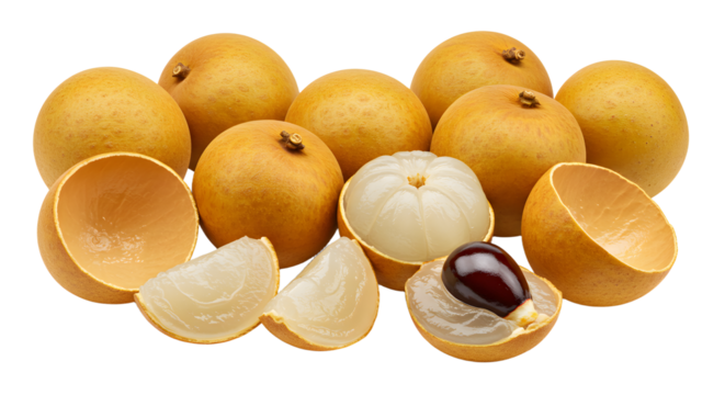 Heap of fresh longan fruit with peeled sections revealing translucent flesh and shiny dark seeds, ideal for food blogs and healthy eating content