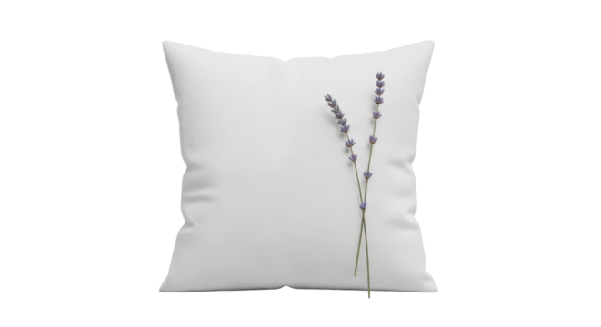 transparent square linen pillow, delicate dried lavender sprig, muted purple, on smooth transparent background, bright even studio light, macro 45-degree, concept of tranquil elegance